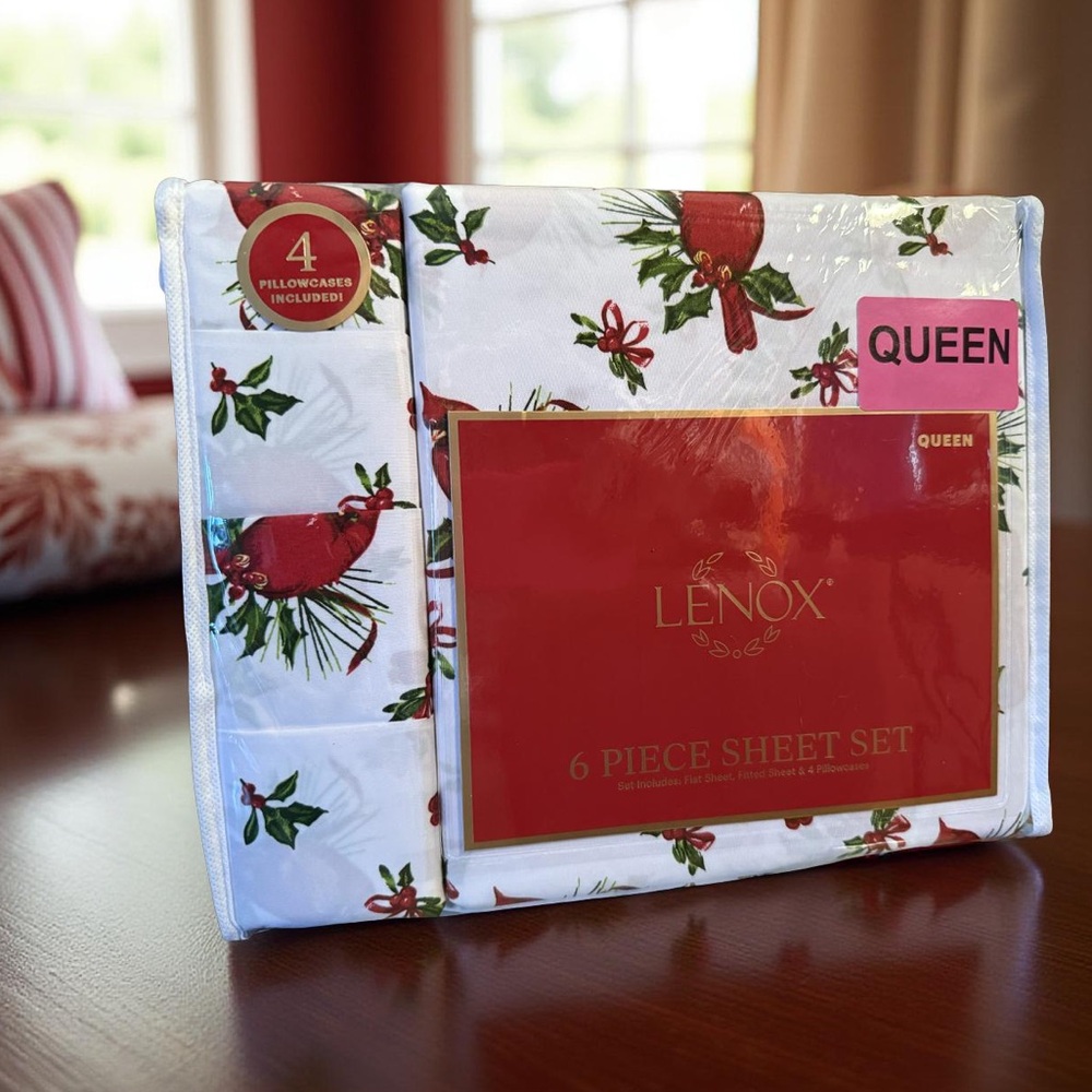 Lenox NWT Christmas Winter Cardinal & Holly Queen 6 Piece Polyester Sheet Set